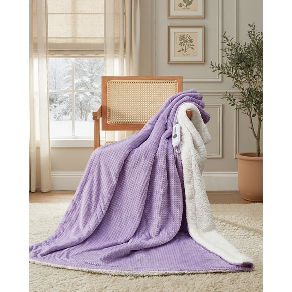 Electric Blanket King Size with Dual Control, Waffle Heated Blankets with ETL Certified, Soft Flannel, 4 Heat Levels, 10 Hours Auto Off, Purple, King 100" x 90"