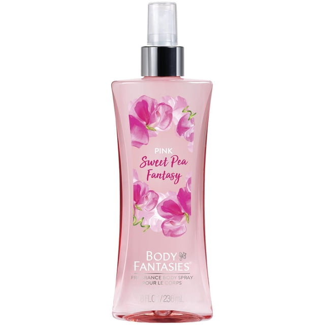 Body Fantasies Signature Sweet Pea Fragrance Body Spray in a pink translucent 8 fl oz (236 mL) bottle with a clear spray cap, decorated with pink sweet pea flower graphics and white and pink text, providing a fresh floral and fruity scent suitable for daily use and as a light refreshing mist.