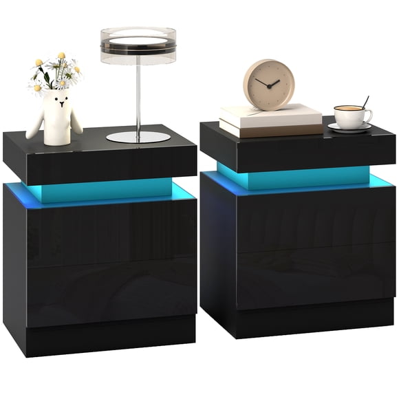 HOMCOM Nightstand Set of 2, Side Table with LED Lights, Black