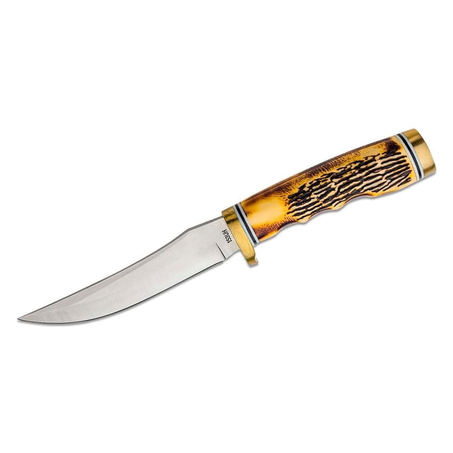 Uncle Henry Golden Spike Fixed Blade Knife with 7Cr17 high carbon stainless steel clip point blade and staglon handle featuring nickel silver guard and pommel, shown in right profile on white background, suitable for hunting and utility tasks.