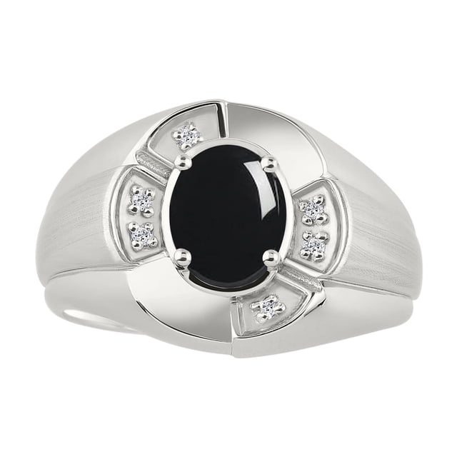 RYLOS Sterling Silver Ring 8X6MM Oval Gemstone & Diamond Unisex Rings Onyx October Birthstone Ring Size 13