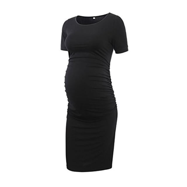 Pisexur Maternity Bodycon Dress Side Ruch Short & 3/4 Sleeve Dress for Baby Shower Daily (S-2XL). A black, short-sleeve maternity dress with side ruching designed to accommodate a growing bump. Made from a soft and breathable blend of 95% rayon and 5% spandex, this dress offers comfort and style for casual occasions, baby showers, or everyday wear. The knee-length design and O-neckline make it versatile for layering with flats or boots. Suitable for spring, summer, and autumn seasons.