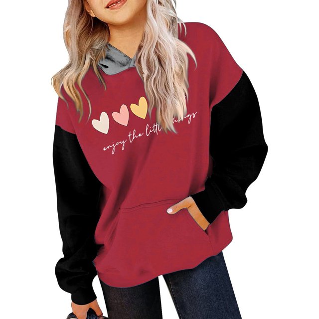 FAOWME Child Long Sleeve Color Matching Printed Letters Hooded Sweatshirts Pullover Tops Red 8-10 Years
