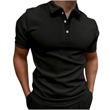 Men Casual Solid Turndown Pullover Button Short Sleeve Blouse Tops
