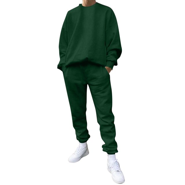 Kcodviy Male Casual Solid Two Men Suits Classic Piece Suit O Neck Big Suit off Shoulder Sleeve Sweatshirt Mens Slim Fit 3 Cute Suit Drawstring Pocket Pants Set
