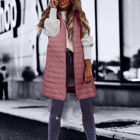 Bmisegm Women's Down Vest Long Winter Thin and Light Down Coat Casual Down Coat Slim Gilet Quilted Jacket Outdoor Winter Coat Vest with Pockets Jackets for Women Pink M