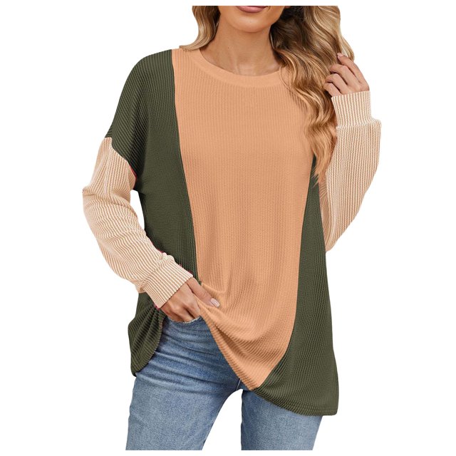 HUITKMM Tshirts 2024 Autumn and Winter Color Contrast Long Sleeve Loose Thread Stitching T Shirt