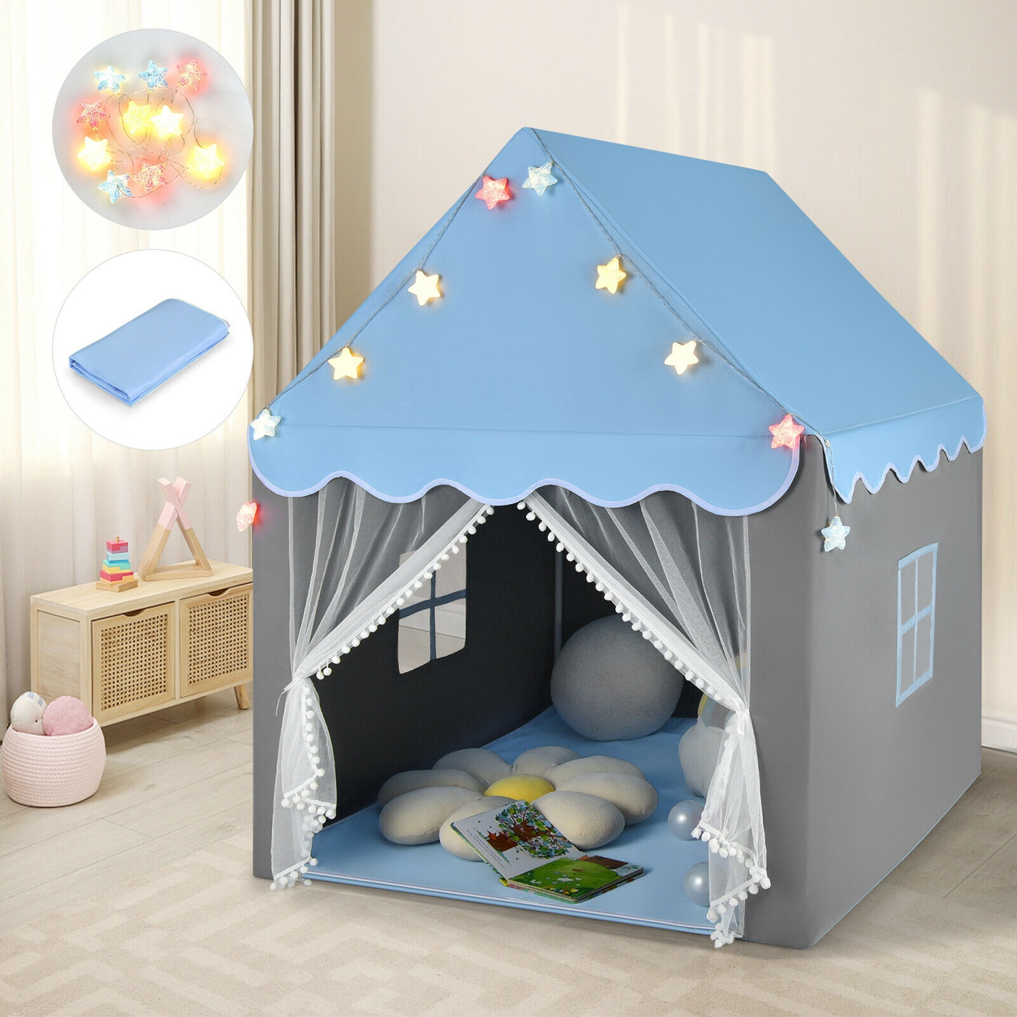 Gymax Kids Playhouse Tent Large Castle Fairy Tent Gift W/Star Lights Mat Blue