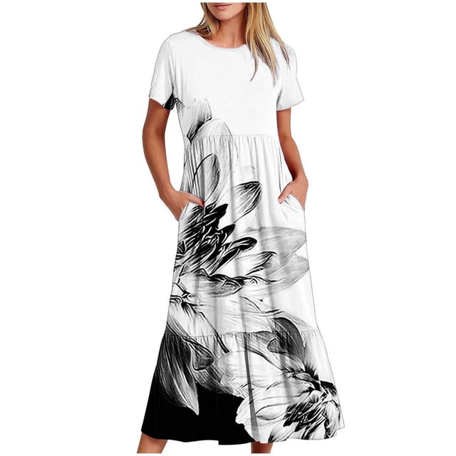 Dvkptbk Robes d'Été pour Femmes 2024 à Manches Courtes, Robes Midi Évasées, Robe T-Shirt Décontractée à Motif Floral, Robe de Plage Fluide avec Poches P-2TG