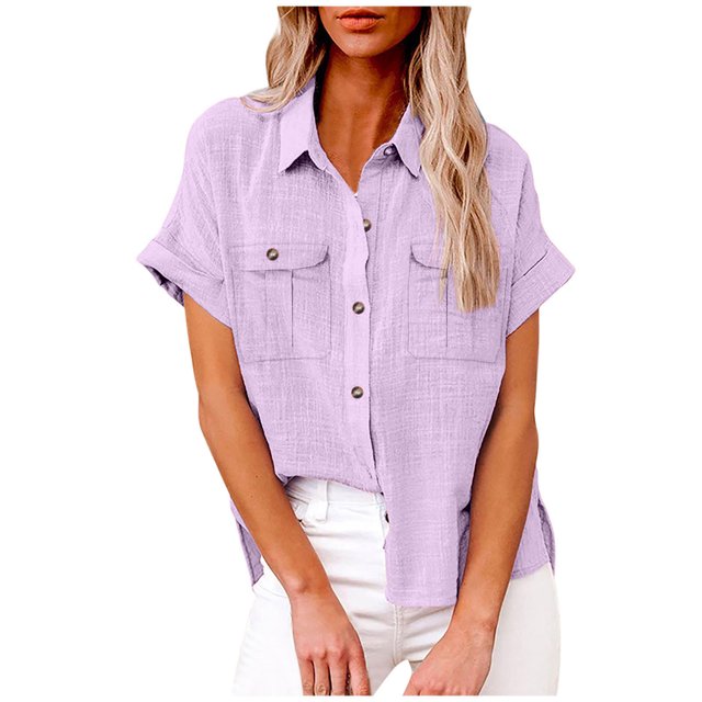 GigrtiJin Womens Short Sleeve Lapel Shirts Solid Color Button down Loose Tunic Tops Casual Work Blouse with Pocket