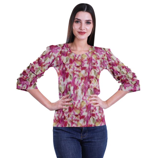 Moomaya Hauts Aguichant à Manches 3/4 pour Femmes Chemise Imprimée à Volants pour Femmes T-Shirt d'Été