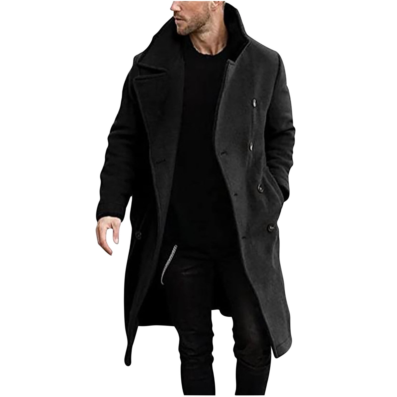 EQWLJWE Mens Trench Coat Full Length Grey Winter Pea Coat Casual