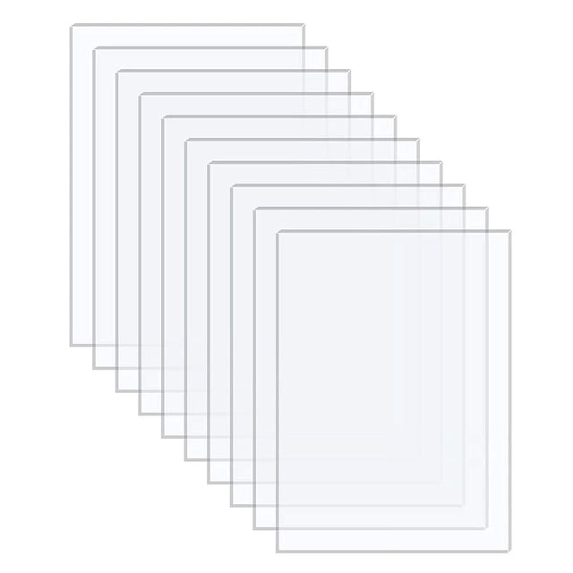 10 pcs transparent acrylic sheets, thick extruded plexiglass designed for crafts, picture frame projects, displays, and DIY applications. These sheets are available in sizes 10x15cm (4x6in), 12.7x17.8cm (5x7in), and 15x20cm (6x8in). Each sheet features protective films on both sides to prevent scratches and is precision laser-cut for smooth edges. Ideal for photo frame glass replacement, artwork display, and waterproof applications.