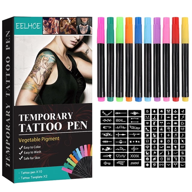 Temporary Tattoo Ink Easy To Clean Tattoo Markers for Body Art Painting Drawing. This set includes 10 multicolour markers and 2 tattoo templates, perfect for creating vibrant, skin-safe temporary tattoos. The markers are easy to use and clean, allowing for intricate designs without commitment. The packaging highlights the vegetable pigment formula and features a model with a temporary tattoo design.