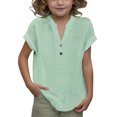 thumbnail image 1 of DecSea Linen Shirts for Kids 2025 Summer Button Down V Neck Short Sleeve Tops Casual Solid Blouses, 1 of 9