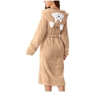 Kcodviy Women's Double Pocket 3D Womens Bathrobe Warm Ear Hooded Flannel Bathrobe Winter House Coat Soft and Warm Double Womens House Coats with Hood Faced Velvet Bathrobe Pajamas and Home Wear