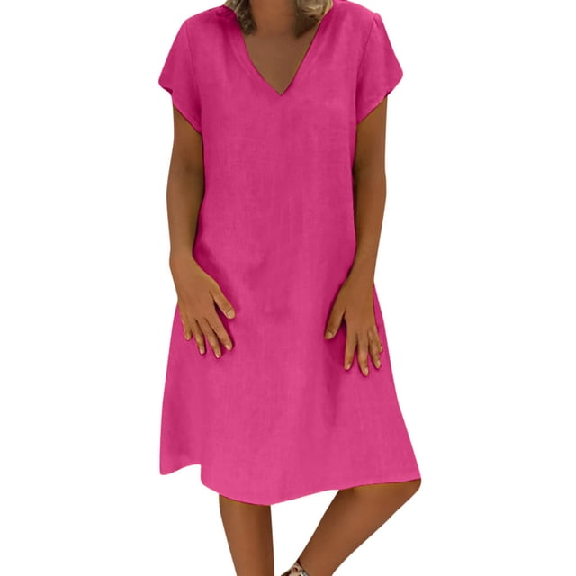 Yuyuzo Robes en Coton et Lin pour Femmes 2025 Robe Décontractée à Manches Courtes Col en V Fluide Longueur Genou Robe d'Été Grande Taille