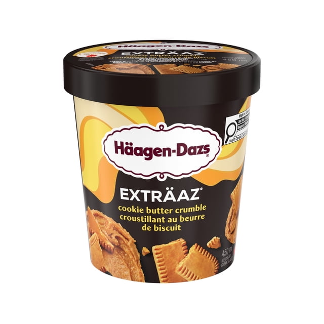 EXTRÄAZ Cookie Butter Crumble Ice Cream by Häagen-Dazs, 450 ml tub of creamy vanilla ice cream with graham pieces and cookie butter ripples, made with Canadian dairy and no artificial colours or flavours, in a black container with yellow and orange swirls and the Häagen-Dazs logo.