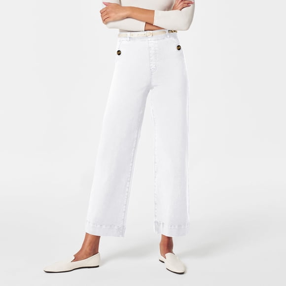LOVZFMLL Women's Jeans, Pants Casual Loose Straight Leg Wide Leg Cropped Denim Pocket Trousers White, L