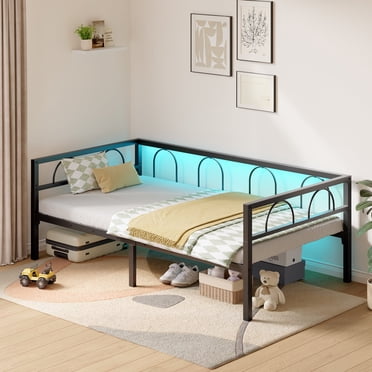 Pinmoco Metal Daybed Frame Twin Size with LED Lights, Platform Sofa Bed for Living Room, Bedroom and Guest Room, Black