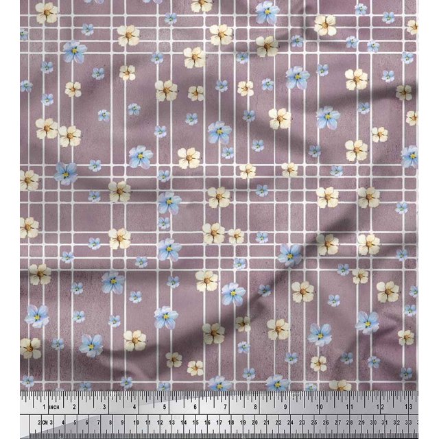 Soimoi Purple Poly Georgette Fabric Check & Floral Print Fabric by The Yard 42 Inch Wide