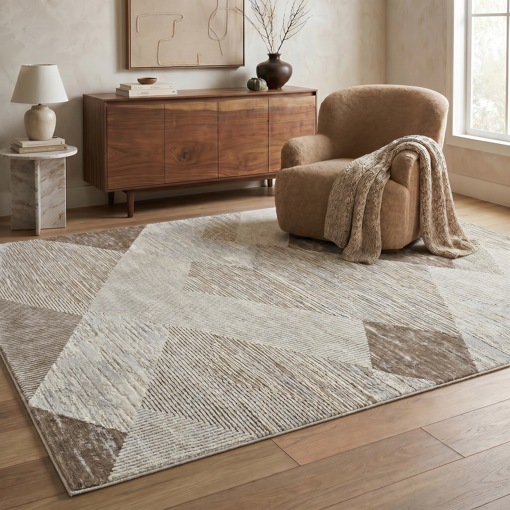 Tapis d'interieur abstrait Rug Branch Nomad, beige marron, moderne - Salon, chambre, salle a manger et cuisine