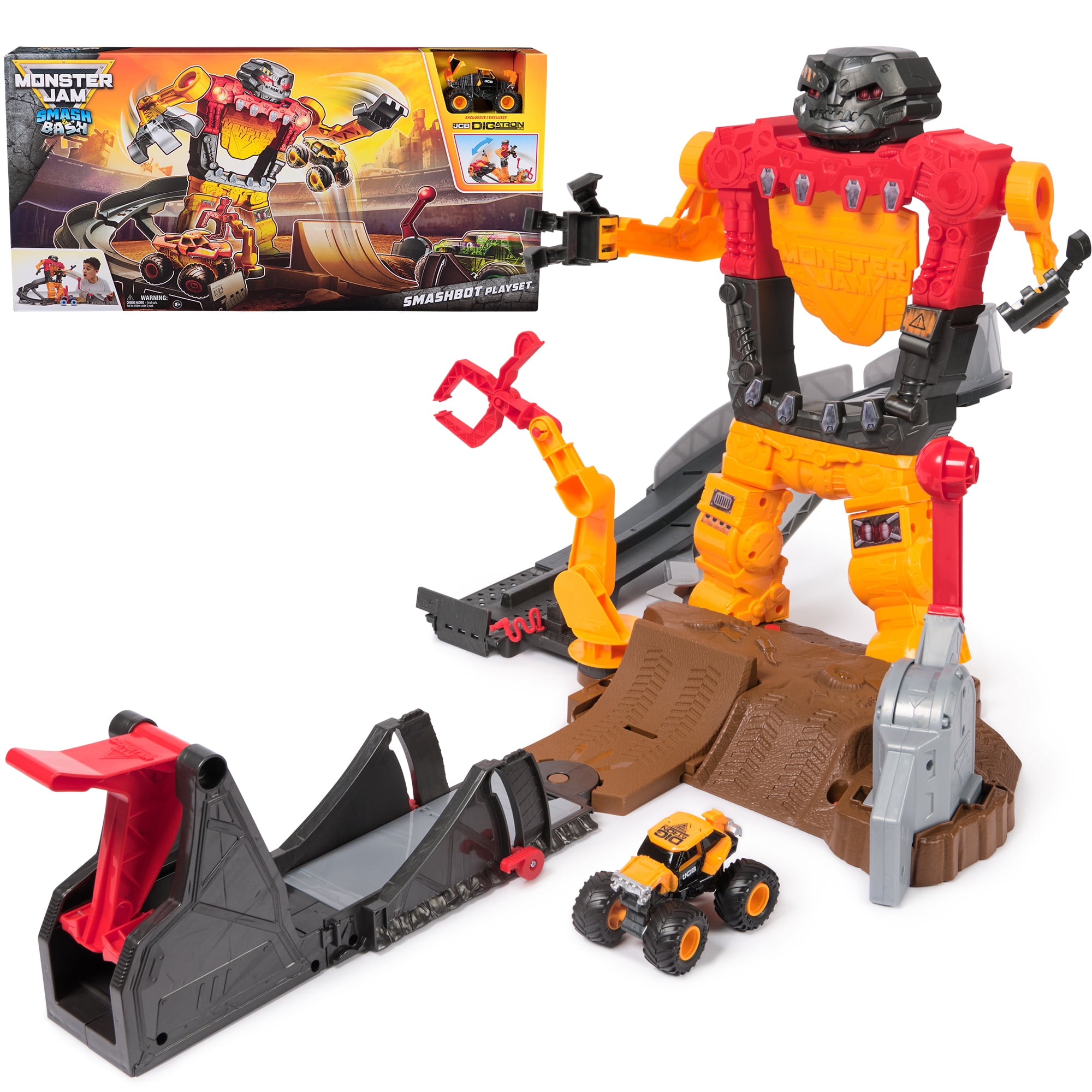 Monster Jam Smash & Bash SmashBot Playset with Launcher and Monster Truck, 1:64 Scale