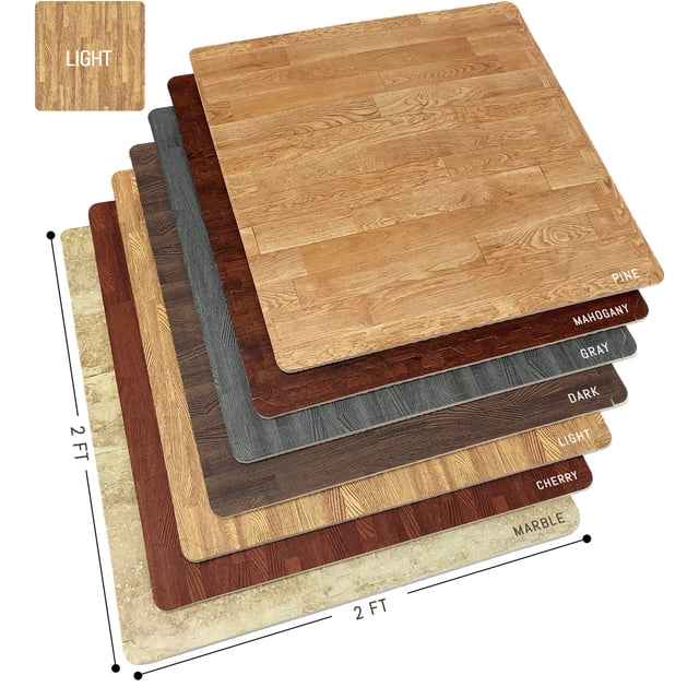 Sorbus Interlocking Floor Mat Wood Grain Print in Cherry finish, featuring six foam tile pieces with a faux wood design. Each tile measures 24 inches by 24 inches, providing a cushioned, anti-fatigue surface suitable for various spaces like living rooms, playrooms, or exercise areas. The interlocking puzzle design ensures easy installation and a seamless look. Other available finishes include Pine, Mahogany, Gray, Dark, Light, and Marble.