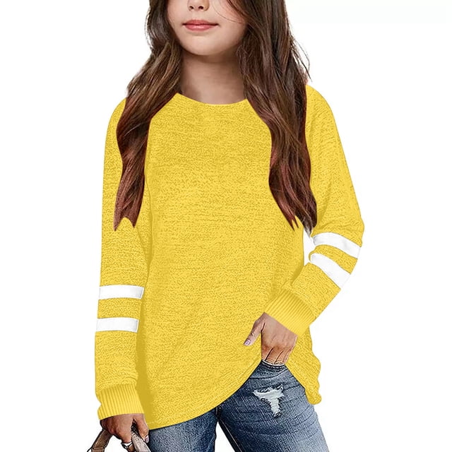Chandails pour Filles Enfants Jaune à Manches Longues Col Ras du Cou Haut T-Shirts Chandails Coton Décontracté Chandail pour Enfants Chandails pour Filles Taille 6-7 Ans