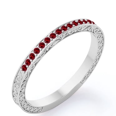 JeenMata Art-Deco Victorian Style 0.25 Carat Round Cut January Birthstone Wedding Band in 18K White Gold Plating over Silver