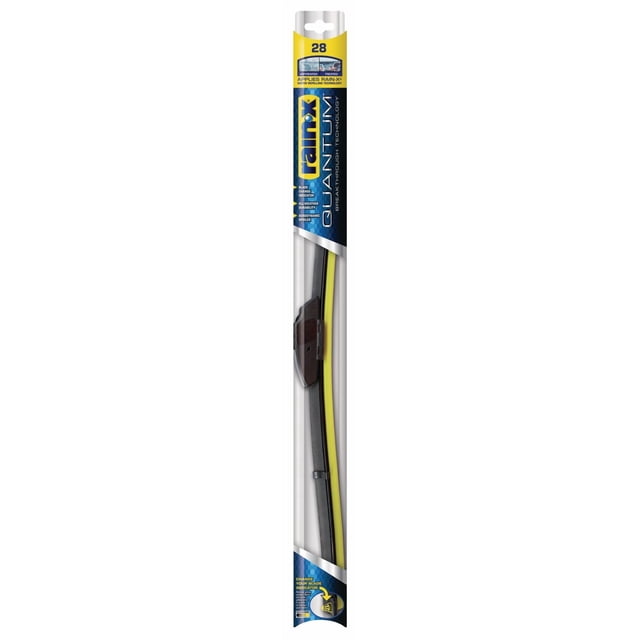 Rain-X Quantum 28" Wiper Blade in packaging showing a black beam blade with a yellow water-repelling strip, featuring a blade change indicator that changes from black to yellow, aerodynamic spoiler, and all-weather durability, designed for 28-inch J-hook arms.