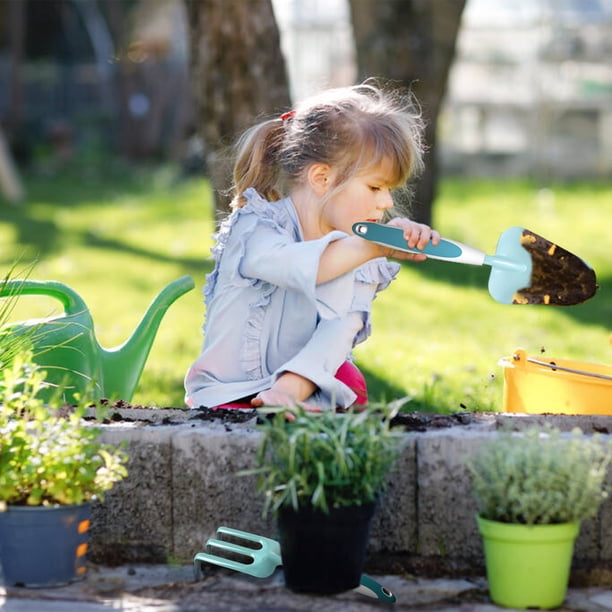 Kit Montessori de jardinage pour enfants 3 ans+ : pelle, râteau, fourche, gants, tablier, arrosoir et sac en toile, couleur rose