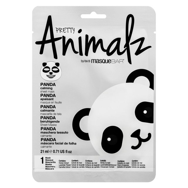 Pretty Animalz Panda Sheet Mask in white packaging featuring a large panda face illustration and black text, providing a calming 21 ml facial treatment sheet mask suitable for soothing skincare routines and relaxation.