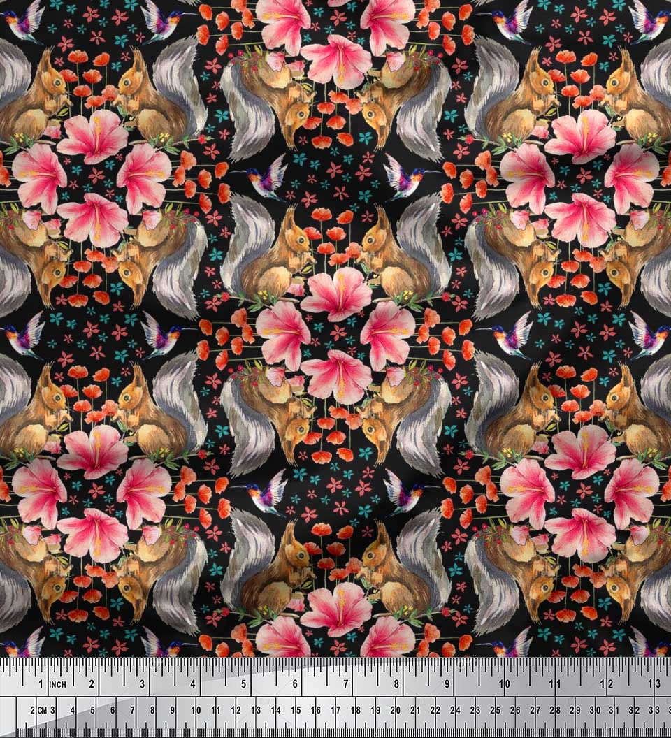 Soimoi Rayon Fabric Floral,Hummingbird & Squirrel Animal Fabric Prints by Yard 56 Inch Wide