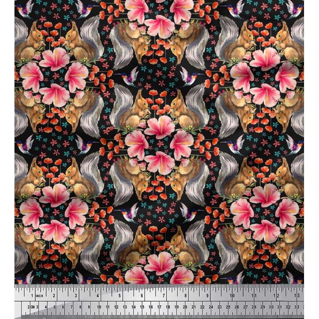 Soimoi Poly Georgette Fabric Floral,Hummingbird & Squirrel Animal Fabric Prints by Yard 52 Inch Wide