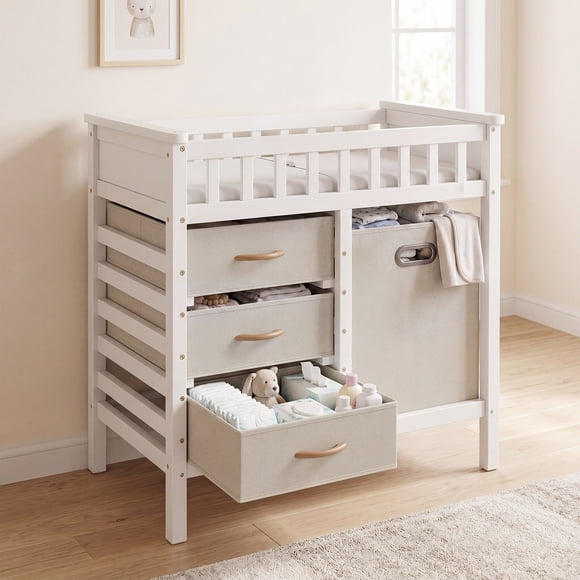 INFANS Baby Changing Table, Wooden Diaper Station Dresser with 3 Fabric Drawers, Laundry Hamper, Safety Belt, Pad for Nursery Infant