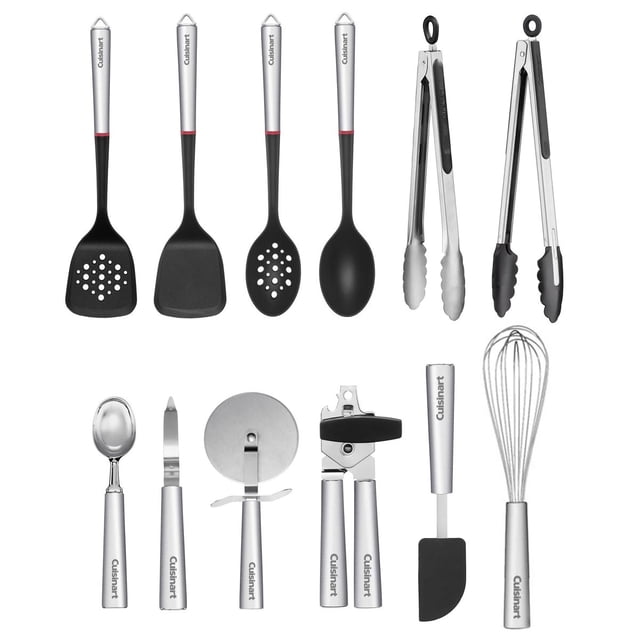 Cuisinart Ensemble Essentiel d'Outils et de Gadgets, 12 Pcs, avec Poignées en Acier Inoxydable avec Têtes en nylon Noir et Anneau d'Accent Rouge. Comprend une Variété d'Ustensiles de Cuisine Tels Que des Cuillères Ajourées, des Spatules, des Pinces, un Fouet, un Ouvre-Boîte, un Coupe-Pizza et une Cuillère à Crème Glacée. Tous les Outils Vont au Lave-Vaisselle et Sont Conçus pour la Préparation, la Cuisson et le Service.