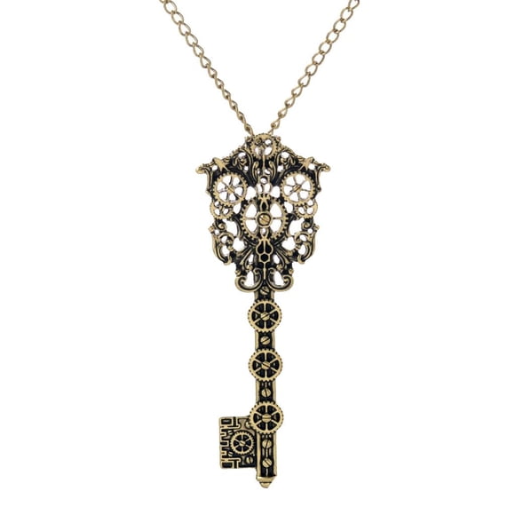 Fashion Steampunk Bronze Gear Key Pendant Statement Necklace Green