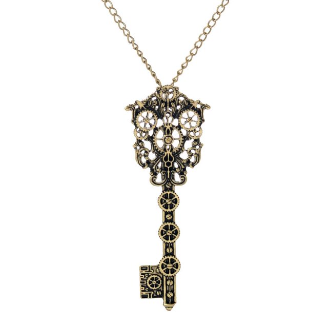 Fashion Steampunk Bronze Gear Key Pendant Statement Necklace Green