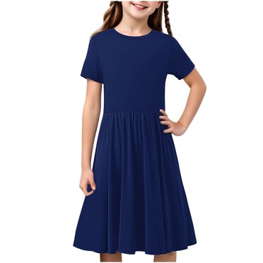 Swstbby Liquidation d'Économies d'Été 2025! Robe d'Été pour Filles, Robe Extensible à Manches Courtes à Imprimé Uni pour Tout-Petits et Filles, Robe Trapèze Bleu Marine 13-14 Ans