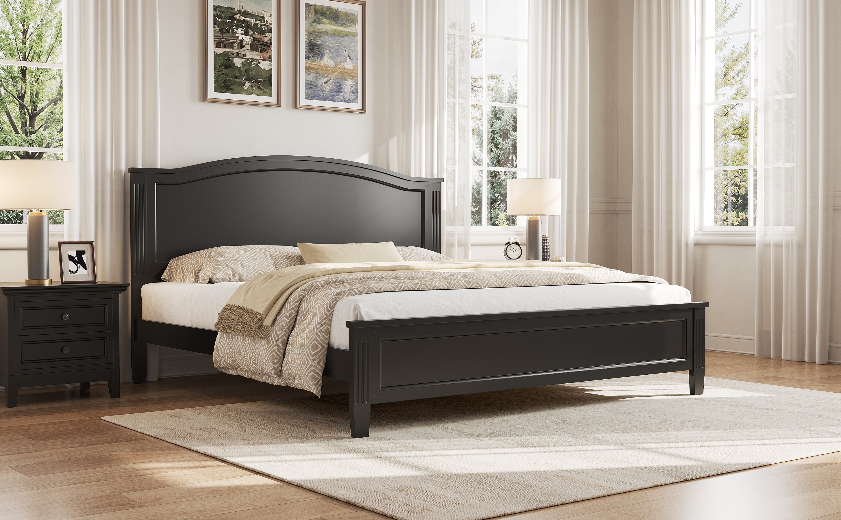Noble House Full Platform Bed with Headboard,Wooden Slat Support Legs,No Box Spring Needed,Black