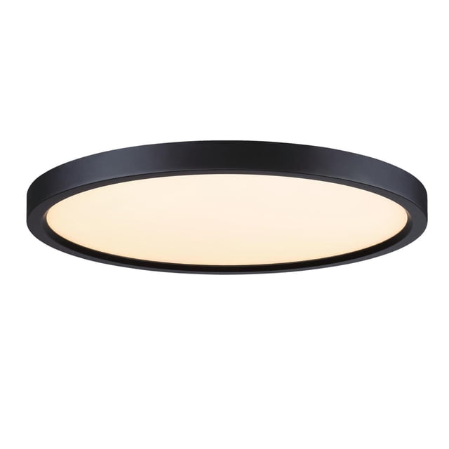 Westinghouse 15-inch black 30 watt LED flush mount ceiling fixture with a slim round profile and acrylic diffuser, featuring dimmable energy-efficient lighting and selectable colour temperatures from 2700K to 5000K, suitable for closets, hallways, entryways, and damp locations.