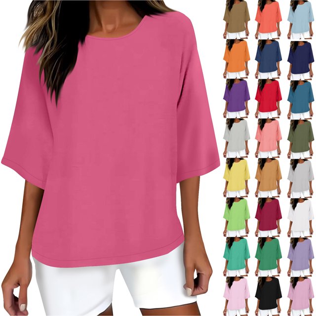 QATAINLAV Ventes du Jour Liquidation, T-Shirts Surdimensionnés pour Femmes Manches 3/4 Col Rond Hauts Décontractés Amples T-Shirts Basiques Blouse Coton Lin Tenues Tendance Été 2025 Orange TTTG