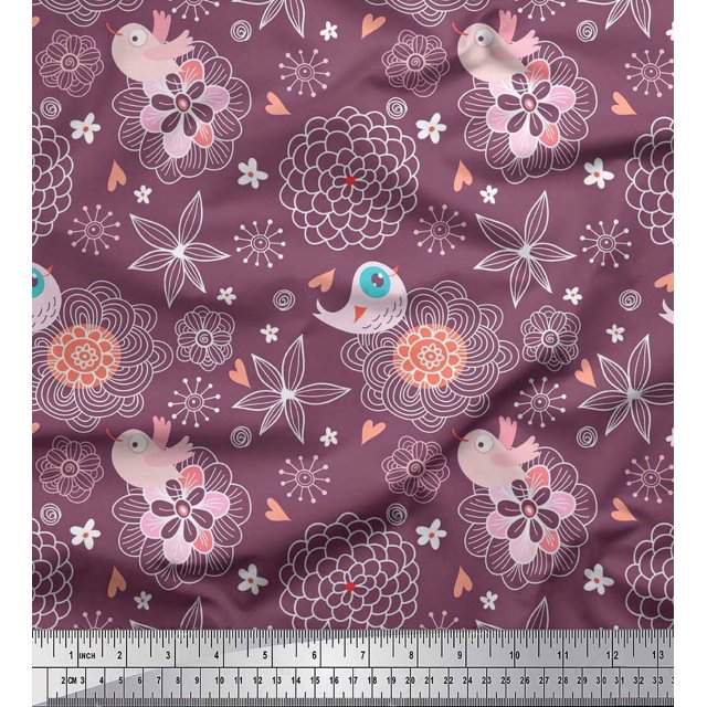 Soimoi Georgette Viscose Fabric Heart,Floral & Bird Kids Printed Fabric 1 Yard 42 Inch Wide