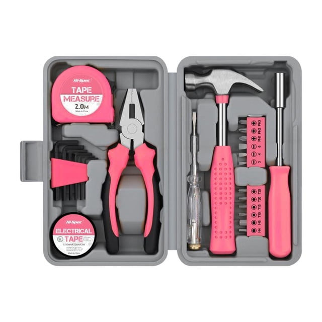 24 Pieces Household Tool Set for Home Office Garage Repair Screwdriver Household Pink. This multifunctional hand tool set includes 24 tools such as screwdrivers, pliers, a claw hammer, tape measure, hex wrenches, and an electric test pen. Made of durable carbon steel, the tools feature ergonomic handles for comfortable use. The set comes in a compact, portable storage case with a pink and black color scheme, ideal for home maintenance, building decoration, and mechanical repairs.