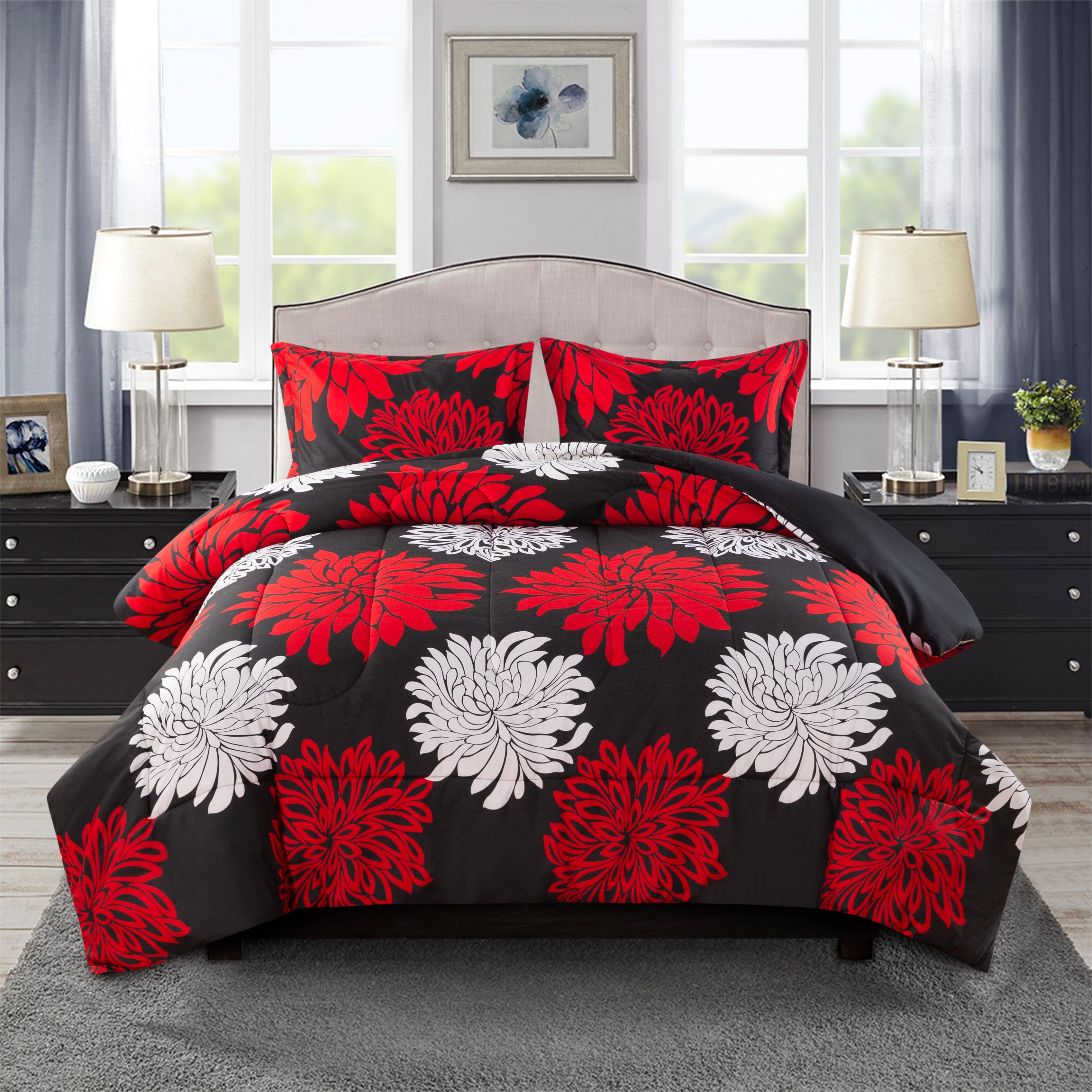 Marina Decoration Home Decor Parure de lit imprimée ultra douce et luxueuse en duvet d'oie, motif floral moderne rouge, blanc et noir