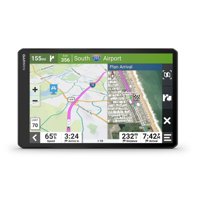 Garmin RV 1095 GPS with 10-inch display showing split-screen navigation with a purple route on I-10 and local roads, speed limit 70 mph, current speed 65 mph, 232 miles to go, estimated arrival 7:42 PM, and BirdsEye Satellite Imagery of Beverly Beach coastline.