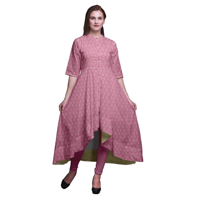 Bimba Kurtis Indiennes à Blocs Floraux Roses pour Femmes Anarkali Kurti Imprimé Long Asymétrique Coupe Régulière Tunique-Moyen