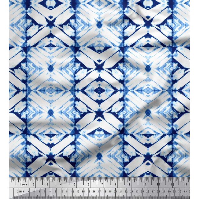 Soimoi Blue Poly Georgette Fabric Geometric Tie-Dye Decor Fabric Printed Yard 52 Inch Wide