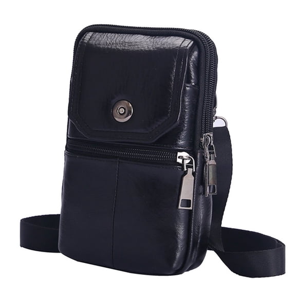 MesaSe Men Cowhide Leather Phone Bags Solid Color Zipper Crossbody Bag for Travel Outdoor Activities (Black)